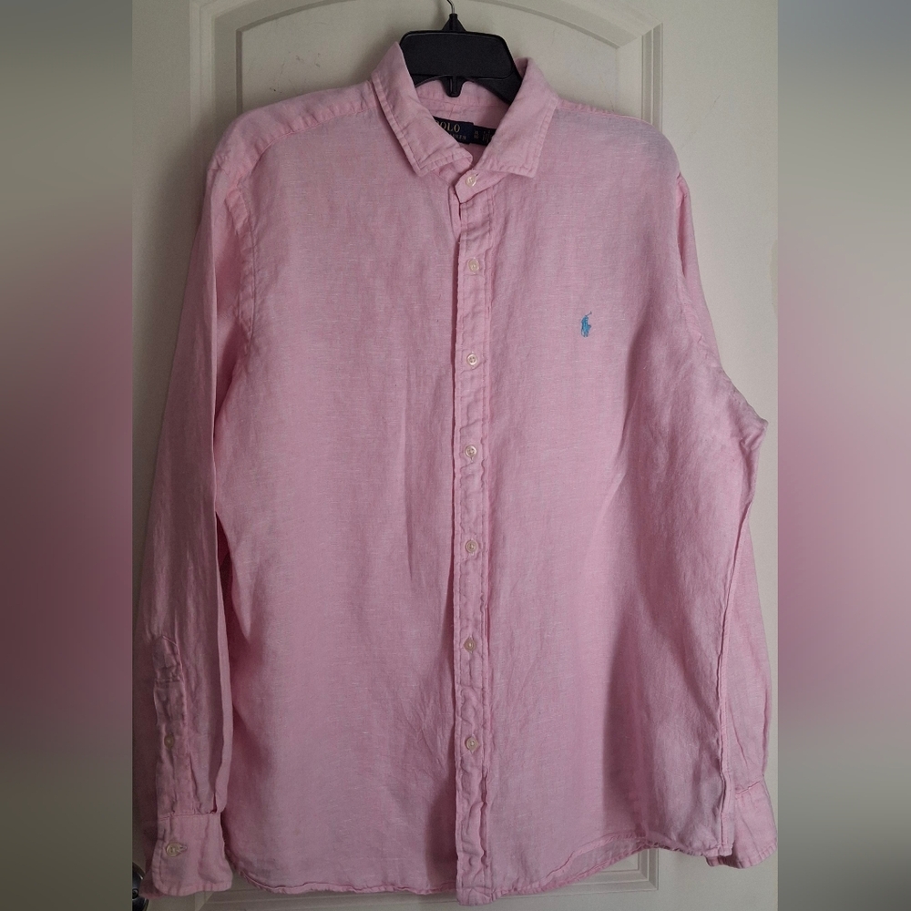 Polo Ralph Lauren Linen XL Men's Pink Button-Down Shirt Formal Travel Cruise - Picture 2 of 11